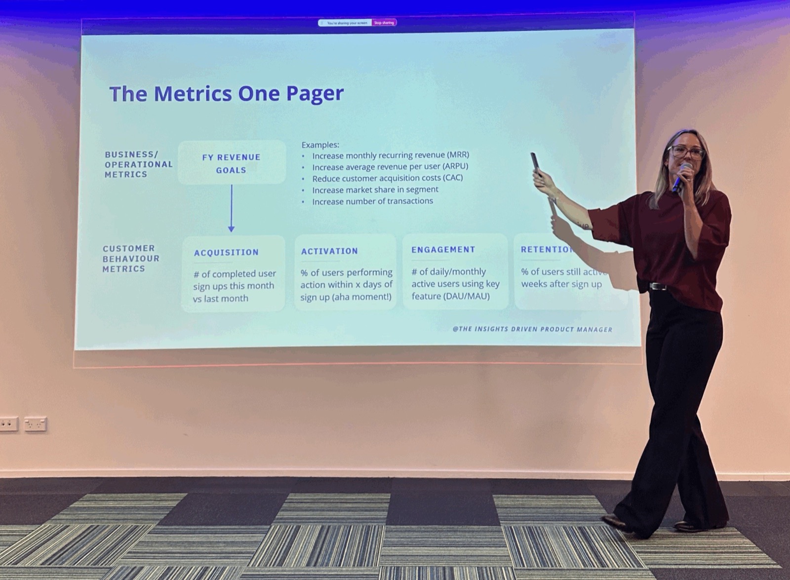 Corinna presenting the Metrics One Pager